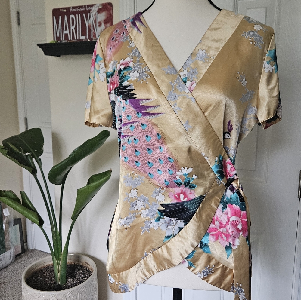 Satin wrap blouse with Asian theme